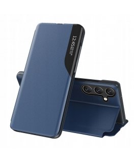 Hurtel Eco Leather View dėklas, elegantiškas dėklas su užtrauktuku ir stoveliu, skirtas Samsung Galaxy S25 Edge - mėlynos spalvo