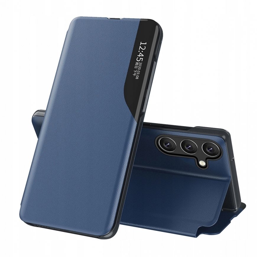 Hurtel Eco Leather View dėklas, elegantiškas dėklas su užtrauktuku ir stoveliu, skirtas Samsung Galaxy S25 Edge - mėlynos spalvo