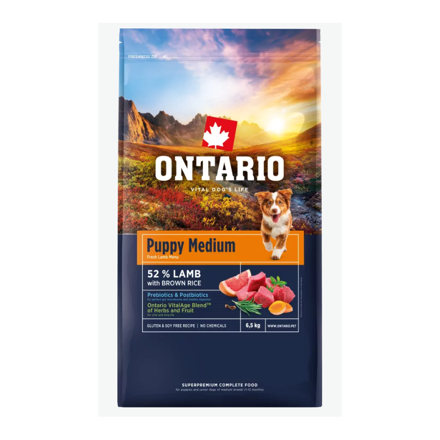 Barība kucēniem – Ontario Puppy Medium, Lamb and Brown Rice, 6,5