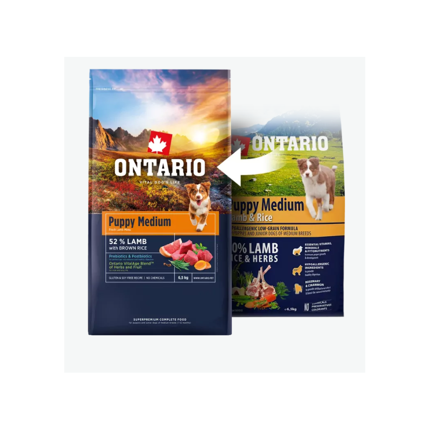 Barība kucēniem – Ontario Puppy Medium, Lamb and Brown Rice, 6,5 – 2