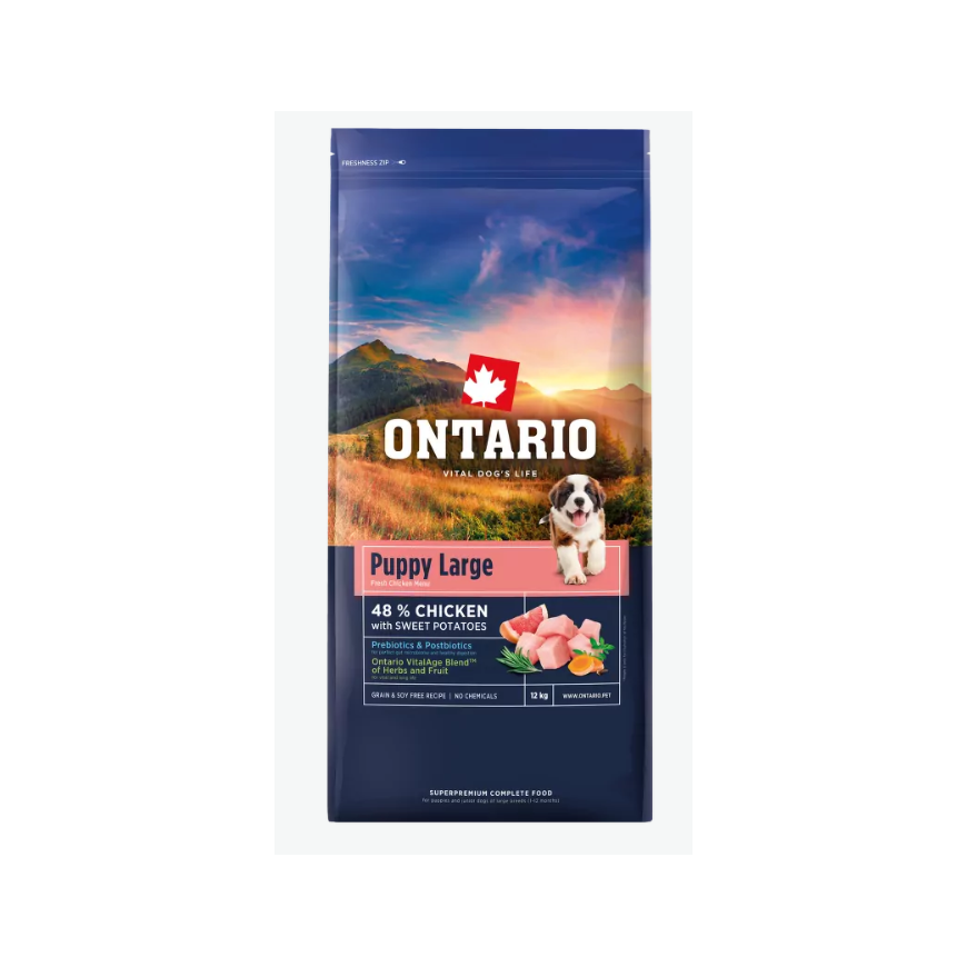 Barība kucēniem – Ontario Puppy and Junior Large, Chicken and Sw