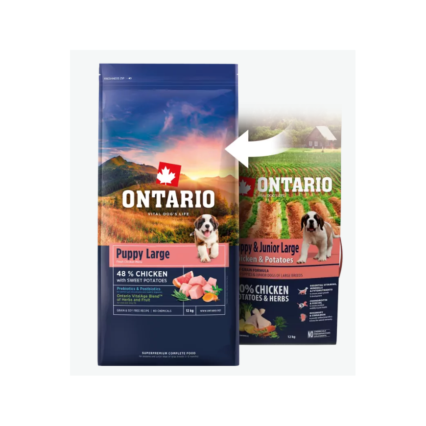 Barība kucēniem – Ontario Puppy and Junior Large, Chicken and Sw – 2