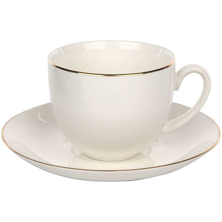 Bella kultahohtoinen lineakuppi 270 ml lautasella 15 cm keramiikkaa