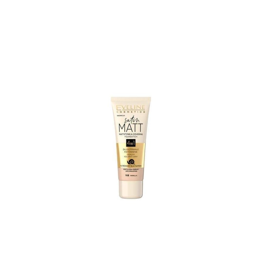 Eveline Cosmetics Eveline Satin Matt matējošs un noslēpjošs 4in1 grima pamats, 102 Vanilla, 30 ml – 2