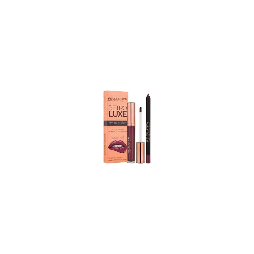 Rinkinys Makeup Revolution: Retro Luxe Metalinis Skystas Lūpų dažai Sovereign 5,5 ml + Retro Luxe Lūpų kontūravimo pieštukas Sov – 2