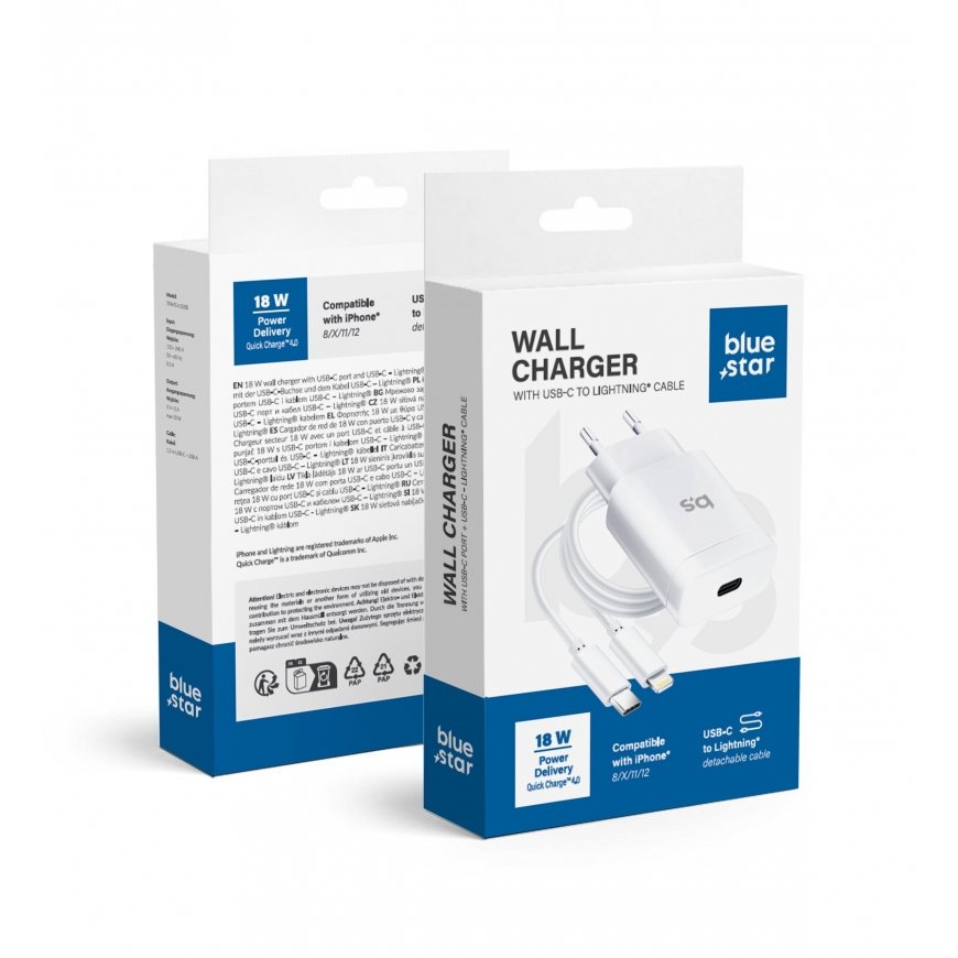BlueStar Telefonu lādētājs Blue Star USB C QC4.0 PD 3A 18W + kabelis USB C - Lightning TFK-TC-1099C balts – 2