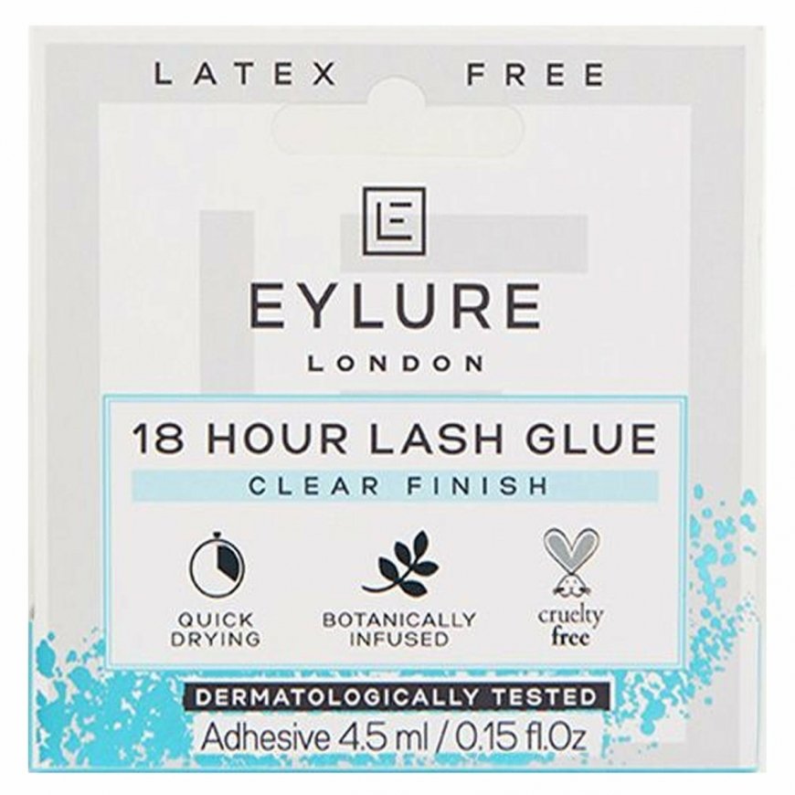 "Eylure 18 Hour Lash Glue Clear Finish" latex-free eyelash glue, perfect for 4.5ml – 2