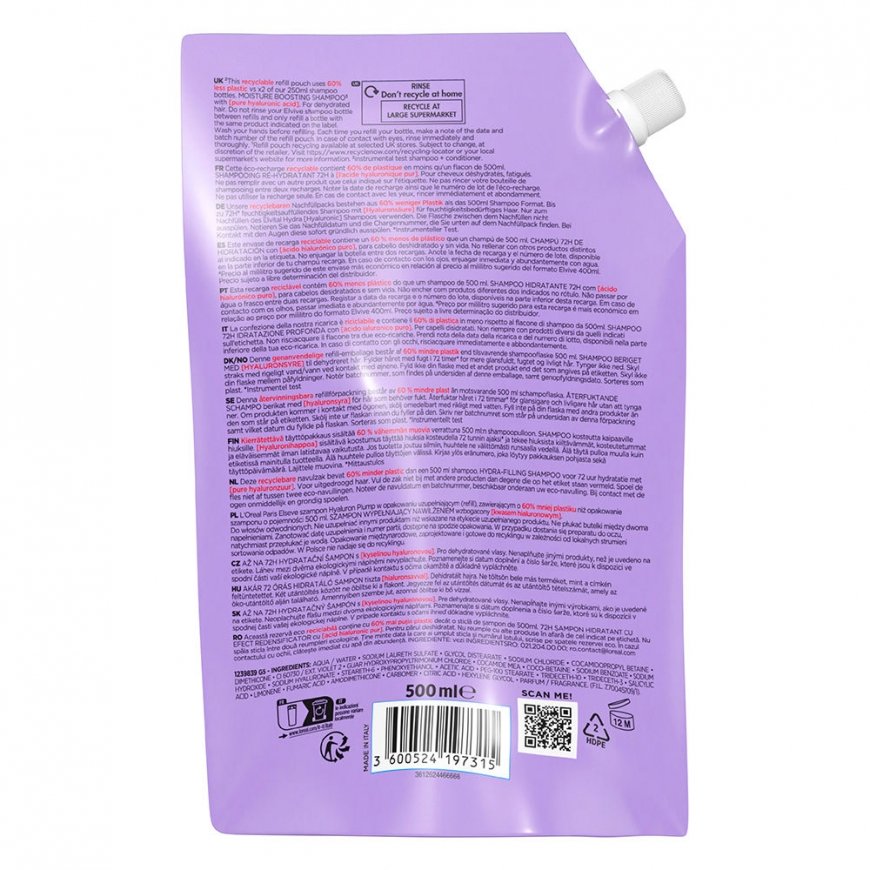L'Oreal ELVIVE HYDRA HYALURONIC Shampoo 72h hydration recharge eco pack 500 ml – 2