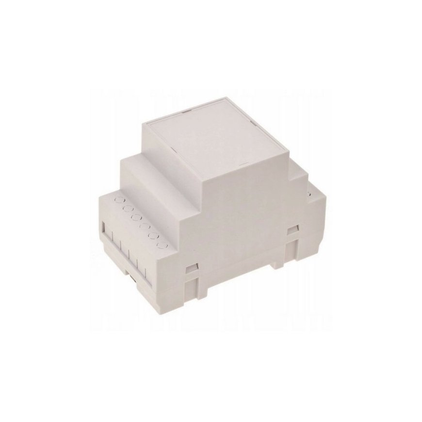 OEM U3 enclosure for electronics is mounted on DIN rail.