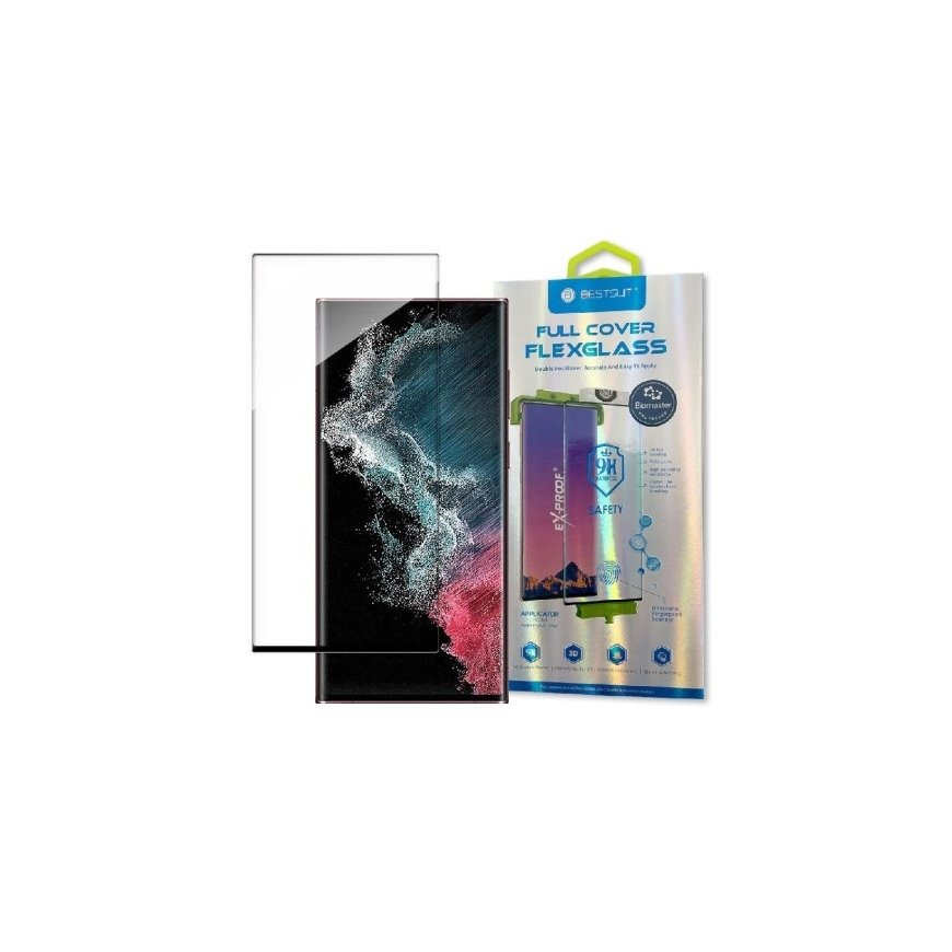 LCD aizsargstikliņš Bestsuit Flexible Hybrid Glass 5D (Hot Bending) Samsung S908 S22 Ultra pielāgots apvalkam melns