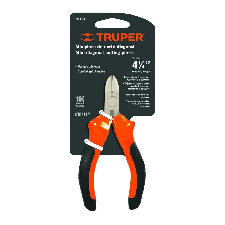 Mini side cutting pliers. Overall length 11cm. High-quality and comfortable Truper®.