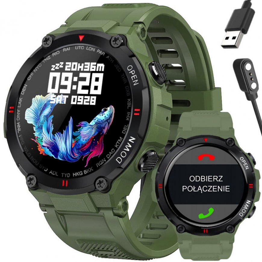 Išmanusis laikrodis Gravity GT7-3, musta värvi korpuse raami koos rohelise rihmaga.