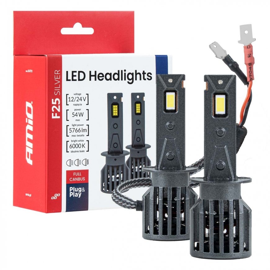 LED headlights bulb F25 Silver FULL CANBUS H1 54W 12V 24V AMIO-04701