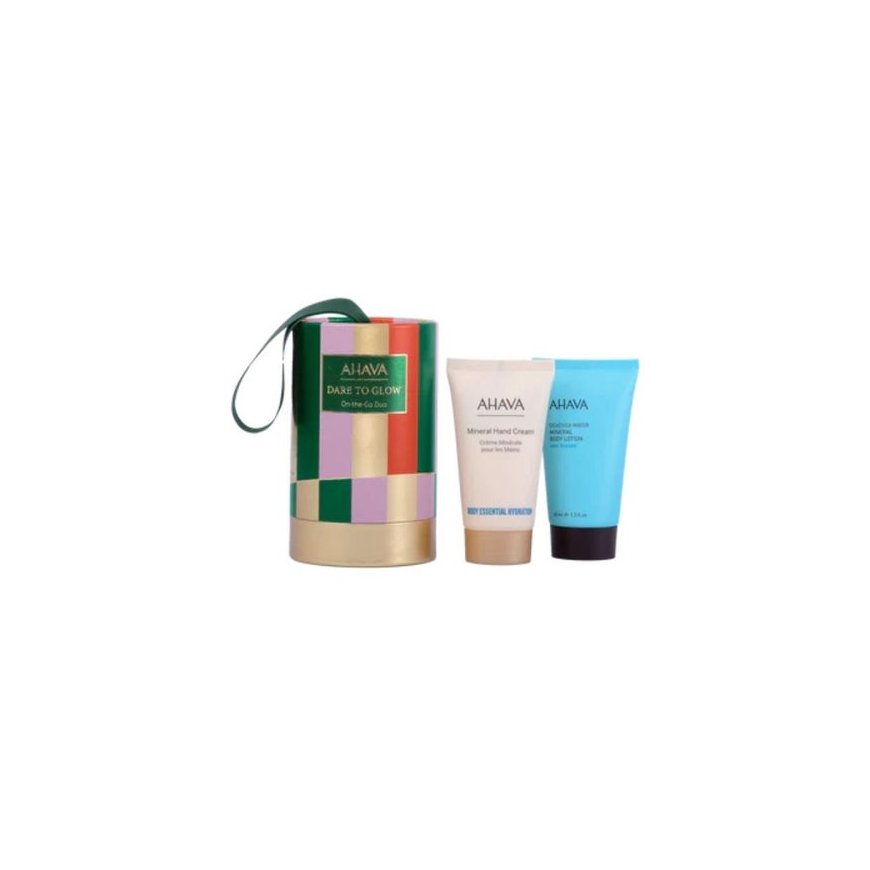 Set Ahava: Minerālais, mitrinošs, roku krēms, 40 ml + jūras skūpstīts, mitrinošs, ķermeņa losjons, 40 ml