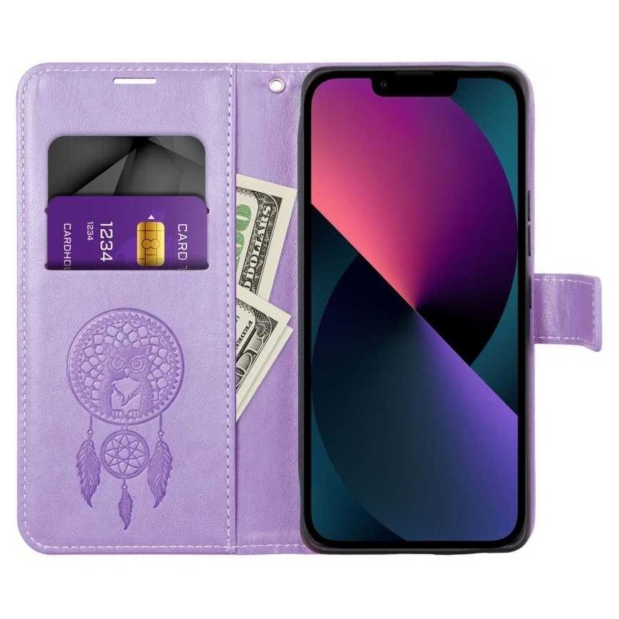 Oem MEZZO grāmatu vāks, kas paredzēts Samsung Galaxy A15 4G / A15 5G, sapņu ķērājs, violetā krāsā.
