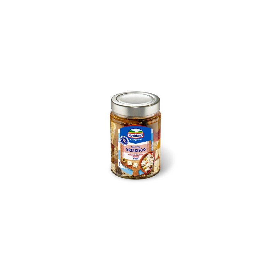 Graikinis sūryminis sūris aliejuje HOCHLAND, kubeliais, koos oliividega ja paprikaga, 300g