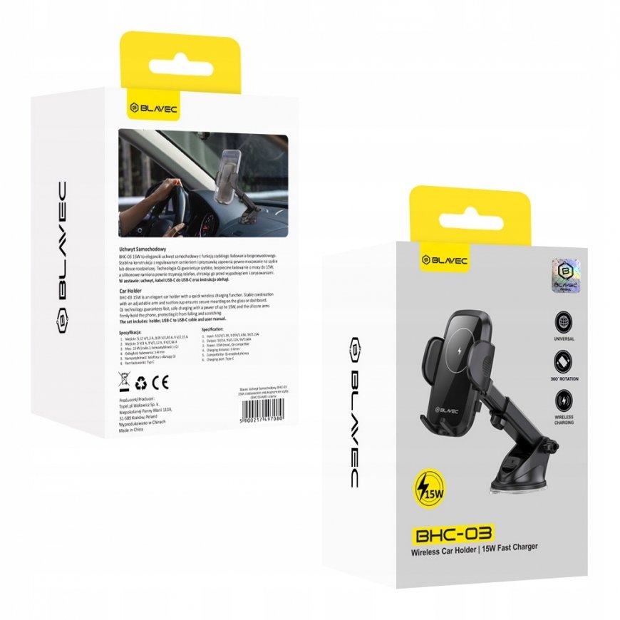 Blavec Car holder BHC-03 15W with induction charging to windshie