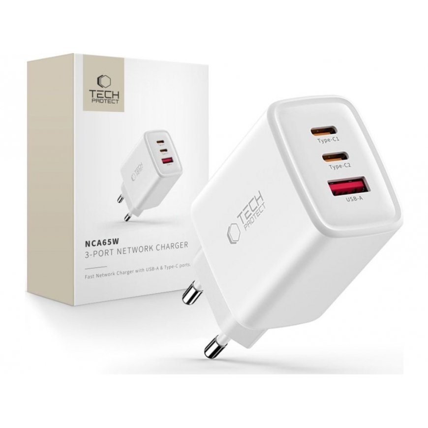 Tech-Protect NCA65W-GAN 3-Port 65W Wall Charger - White