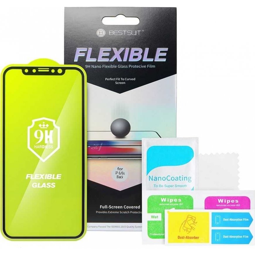 LCD apsauginis stikliukas Bestsuit Flexible Hybrid Glass 5D (Karšto lenkimo) Samsung G991 S21 pritaikytas dėklui, juodas