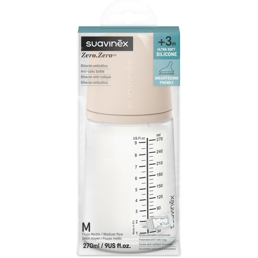 SUAVINEX ZERO ZERO ANTI-COLIC BUTELIŪS AR ARDĪGI IR VIDUTINĪGA SROVE ŽINDUKS, 270 ML, NO +3 MĒN., GAIŠS