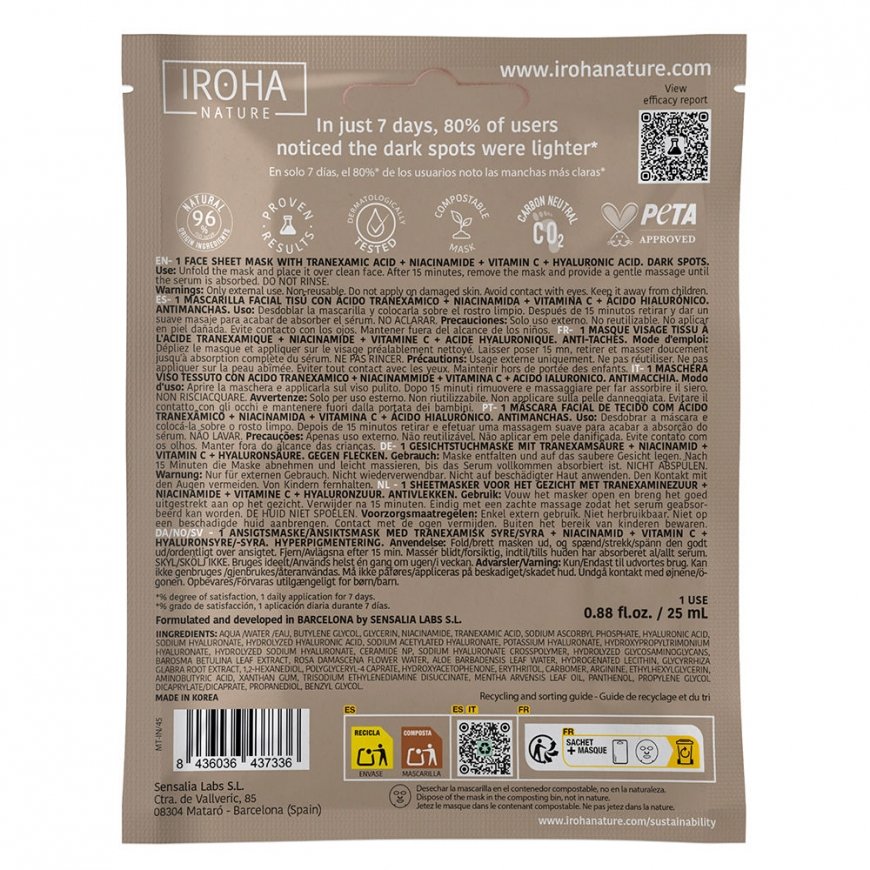 Iroha DARK SPOTS veido kaukė 1 vnt.