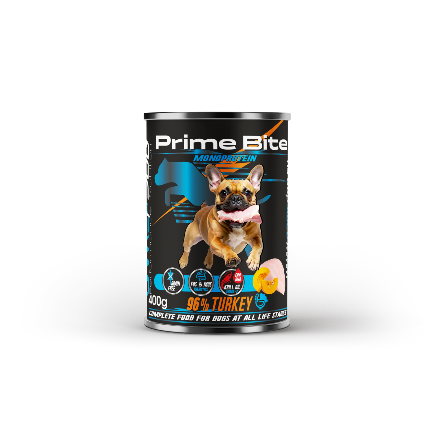 PRIME BITE Monoprotein Türgi kõrvitsaga - märg koeratoit - 400g