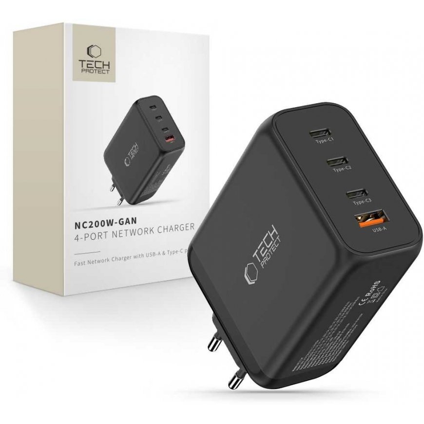 Tech-Protect NC200W-GaN 4-Port 200W Wall Charger - Black
