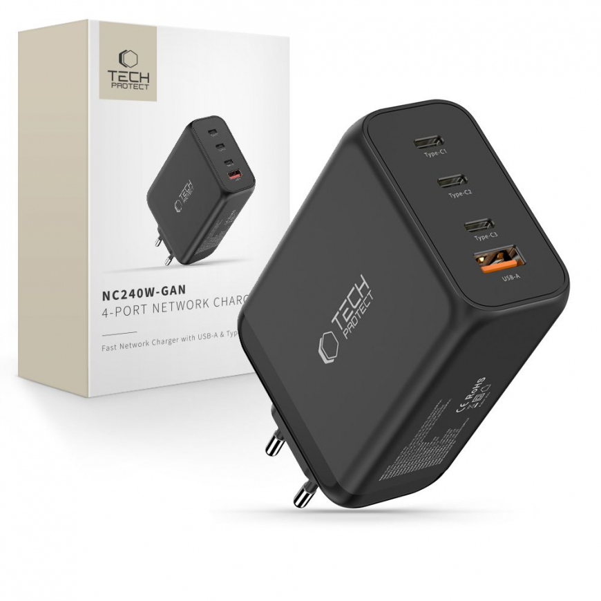 Tech-Protect NC240W-GaN 4-Port 240W Wall Charger - Black