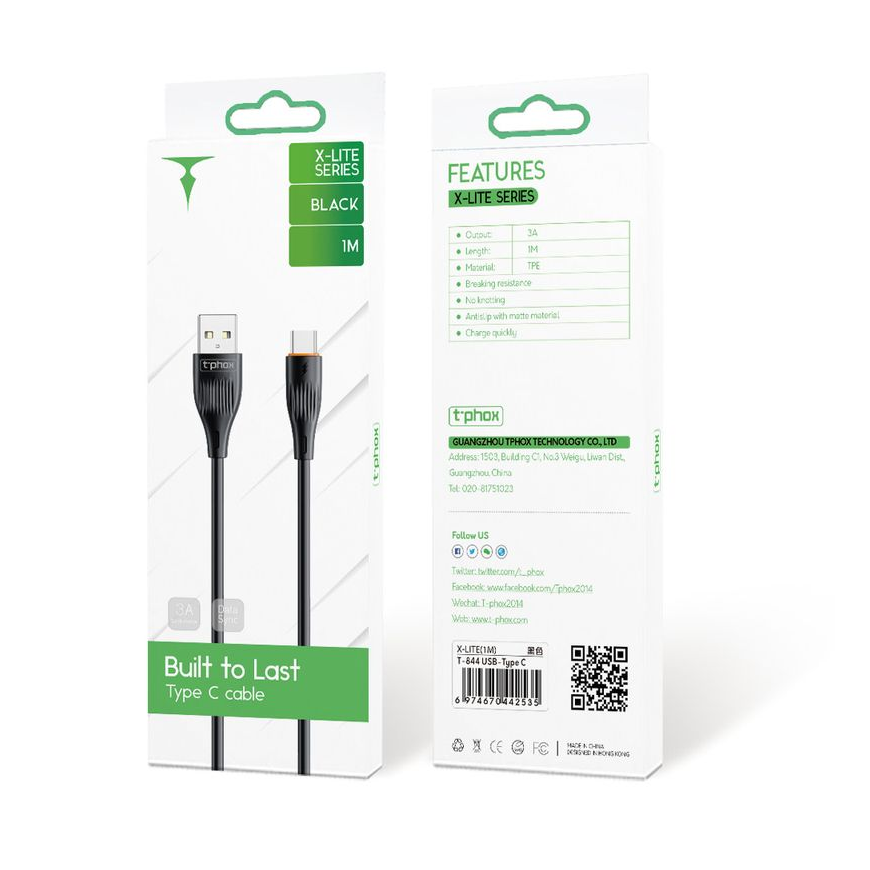 T-PHOX CABLE X-LITE TYPE-C BLACK 1M 3A – 3
