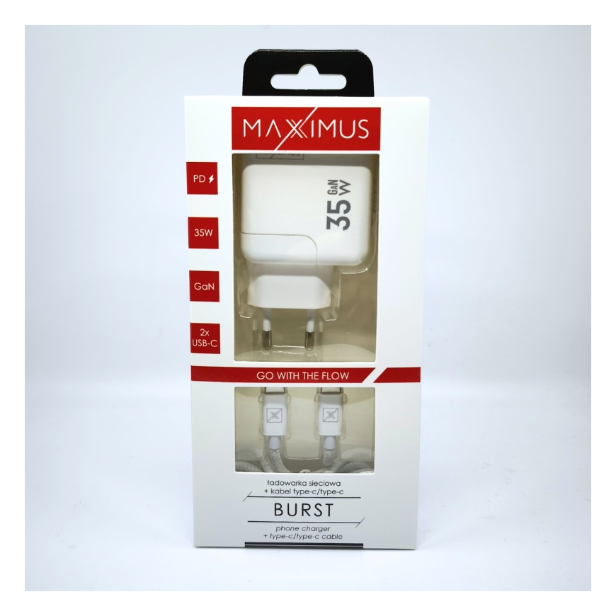 WALL CHARGER MX BURST GaN PD 35W, 2xUSB-C + C|C PD CABLE 65W WHI – 5