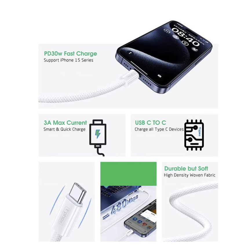 T-PHOX CC15 SERIES USB-C|USB-C CABLE 60W 3A WHITE – 4