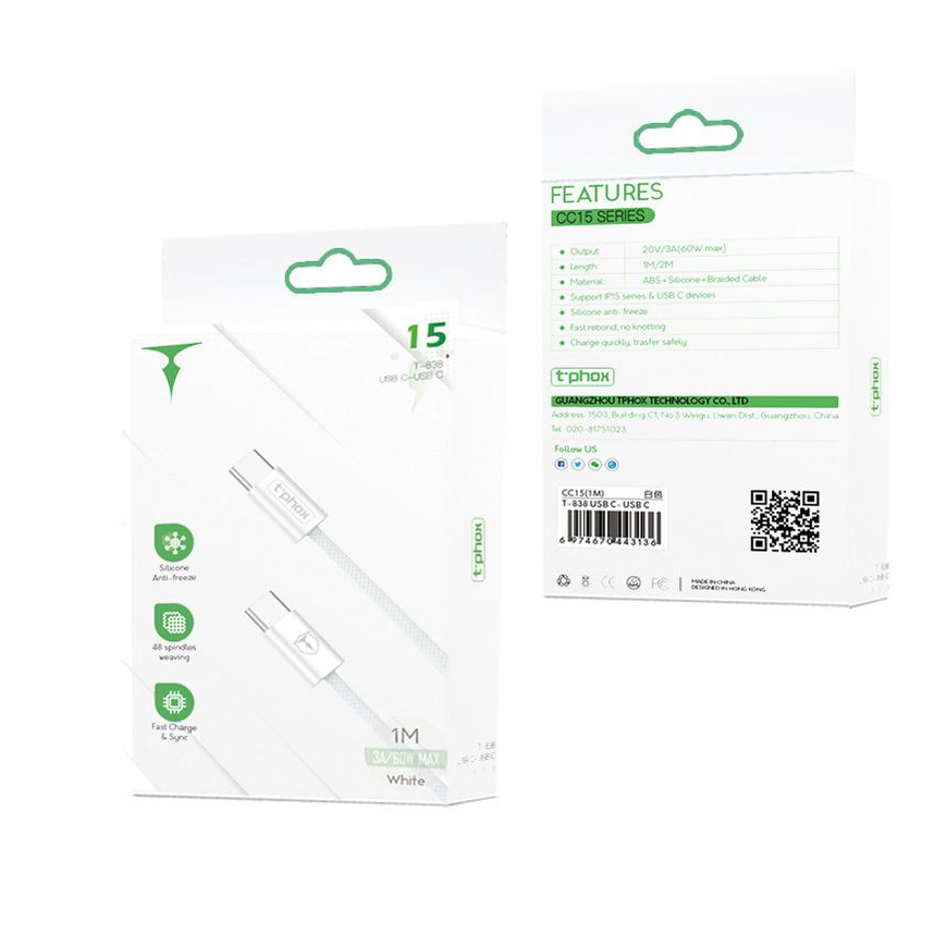 T-PHOX CC15 SERIES USB-C|USB-C CABLE 60W 3A WHITE – 5