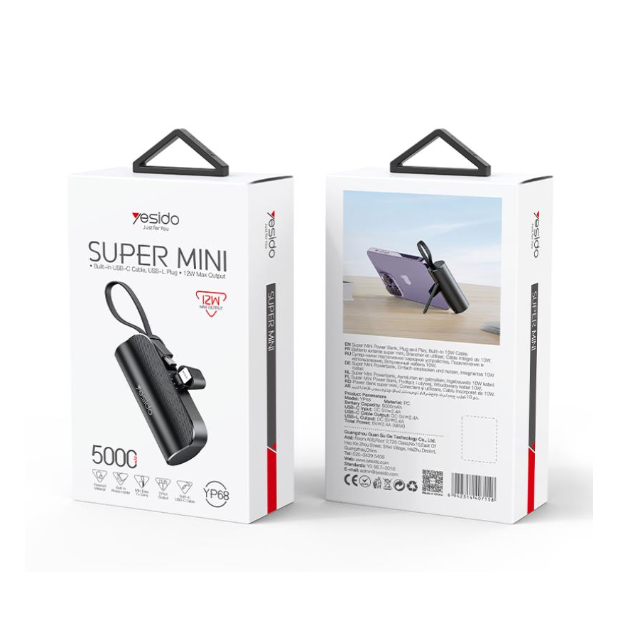 YESIDO POWERBANK YP68 5000 mAh 12W + USB-C CABLE, LIGHTNING CONN – 2