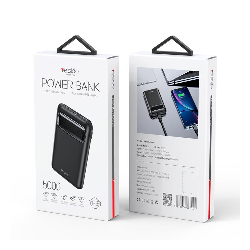 yesido Powerbank YP33 5 000 mAh LED, 2xUSB-A + USB-C BLACK – 2