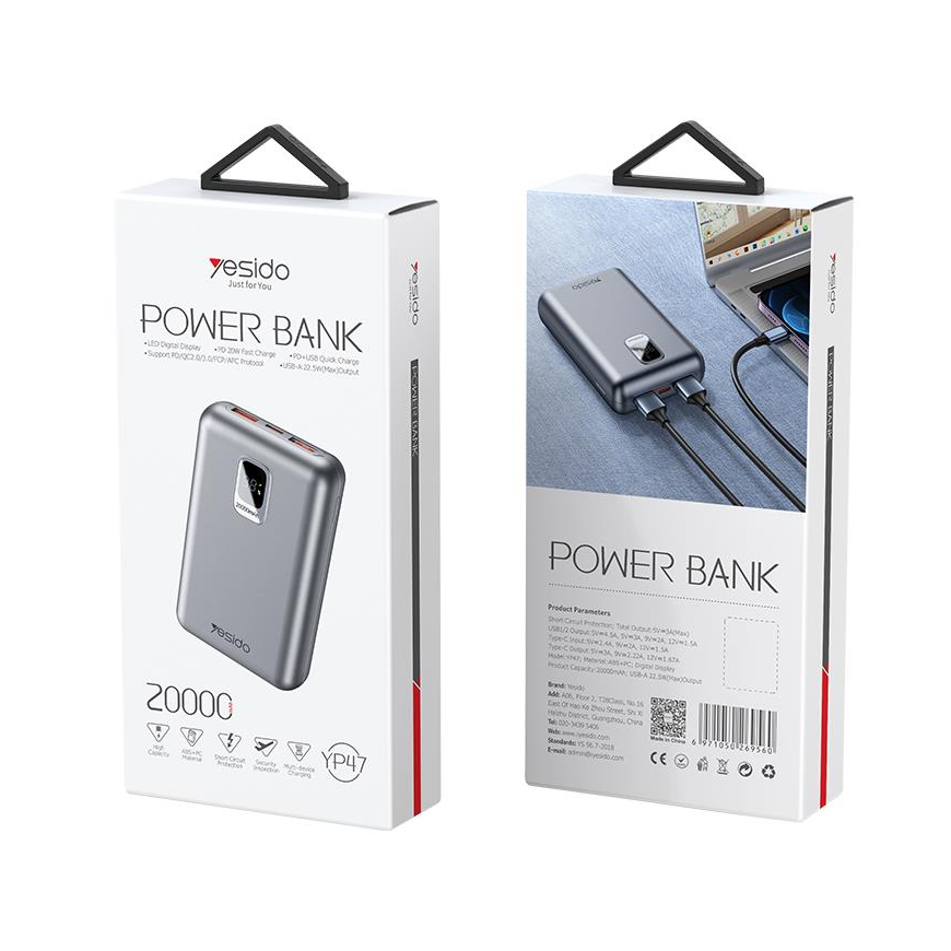 yesido Powerbank YP47 20 000 mAh 22.5W + PD 20W led silver – 2