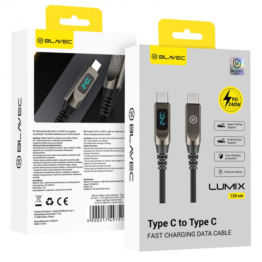 Blavec Kabel Lumix pleciony - Typ C na Typ C - PD 240W 5A LED di