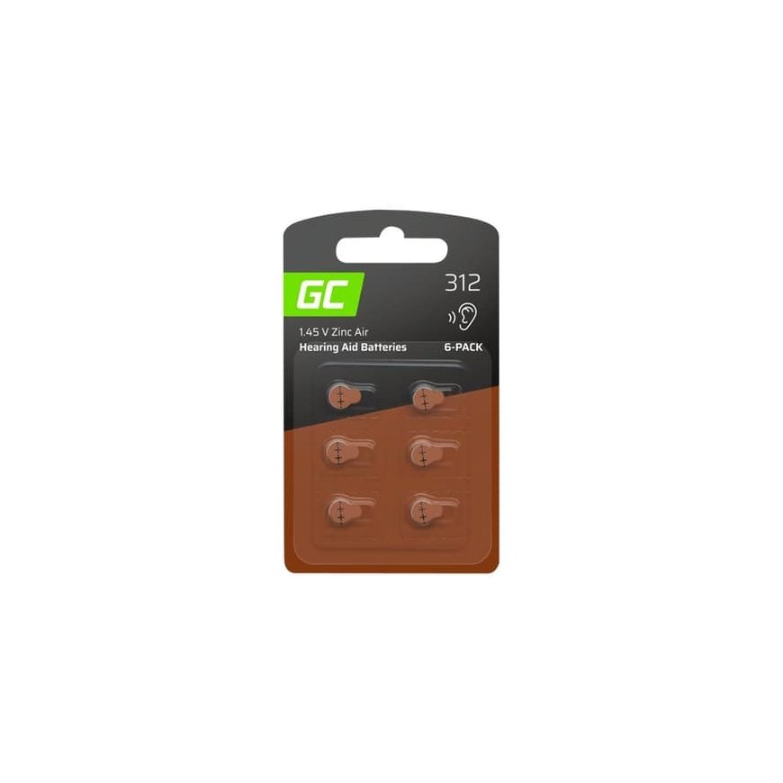 Green Cell hearing aid batteries, 1.45 V, 160 mAh, size 312 (PR41, P312, ZL3), zinc-air (6 pcs.)