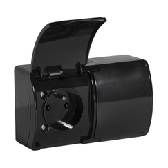 Kaksinkertainen pintas asennettava pistorasia maadoituksella, lippaalla VIPLAST KOALA Musta IP44 162-05