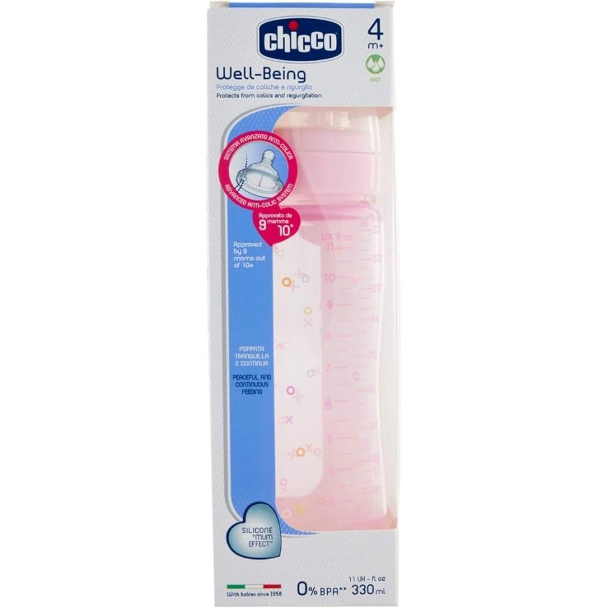 Chicco Well-Being silikoninen vauvan pullo PP Fast Flux Rose 4m+ 330ml