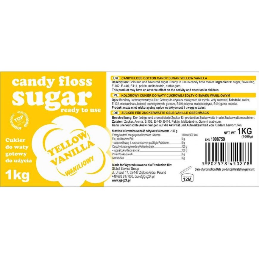 Gsg24 Colored Sugar for Cotton Candy Yellow Vanilla Flavor 1kg – 2