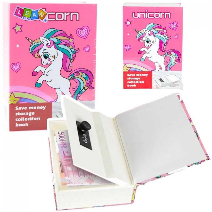 Lean Toys Unicorn-themed book-shaped piggy bank with a code, 18.5 × 13 × 6 cm