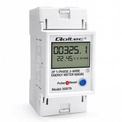 Qoltec Yksivaiheinen elektroninen energiamittari DIN-kiskoon | RESET | jakso- ja jatkuva mittari | 230V | 60A | LCD | LED | 2P