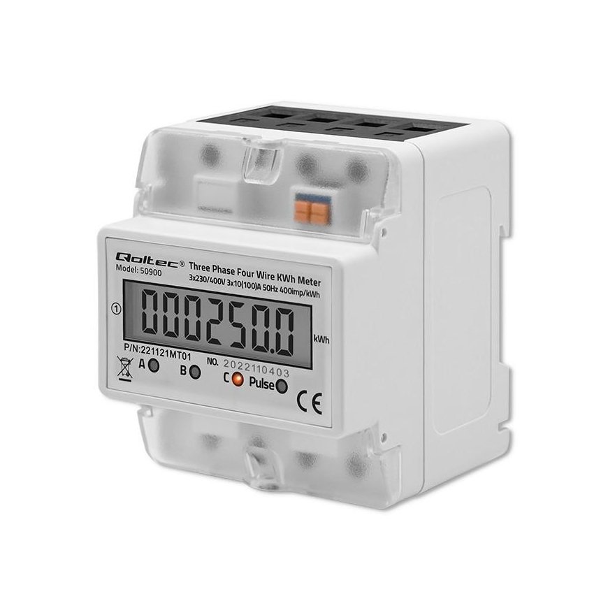 Qoltec Vienfazio elektroninis energijos suvartojimo skaitiklis DIN bėgyje | RESET | periodinis ir nuolatinis skaitiklis | 230V | – 2