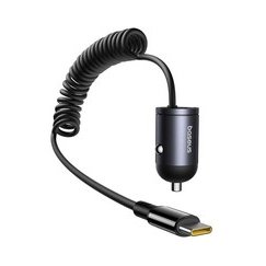 Baseus USB-C auto lādētājs ar iebūvētu spirālveida USB-C kabeli 30W - melns