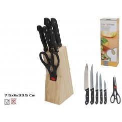 7 peilių rinkinys su žirklėmis ir mediniu stovu (19 cm), 33,5 x