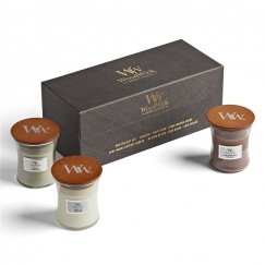 WoodWick Mini Jar Woody Giftset vahaküünal Silinder Puit Pruun, Valge 3 tk