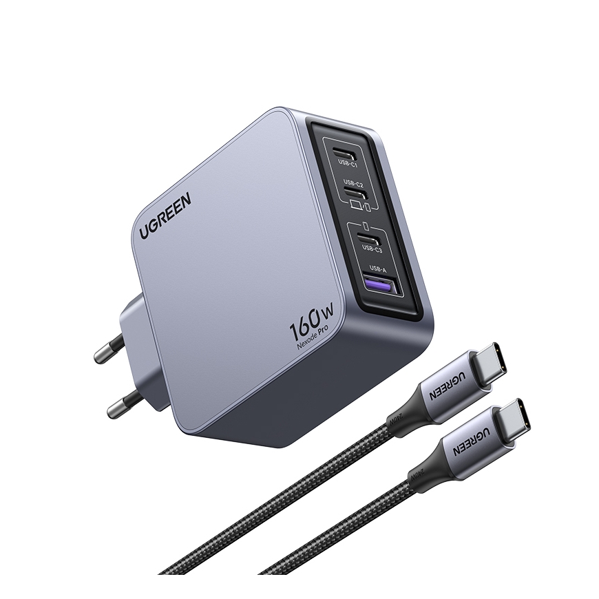 Ugreen Nexode Pro 160W GaN Charger with USB-C Cable Universal Black, Grey AC Fast charging Indoor