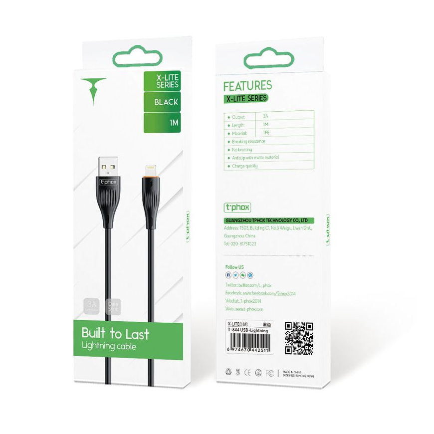 T-PHOX CABLE X-LITE LIGHTNING BLACK 1M 3A – 3