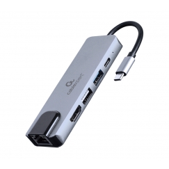Gembird A-CM-COMBO5-04 kannettavien tietokoneiden telakka ja porttitoistin Langallinen USB 3.2 Gen 1 (3.1 Gen 1) Type-C Hopea