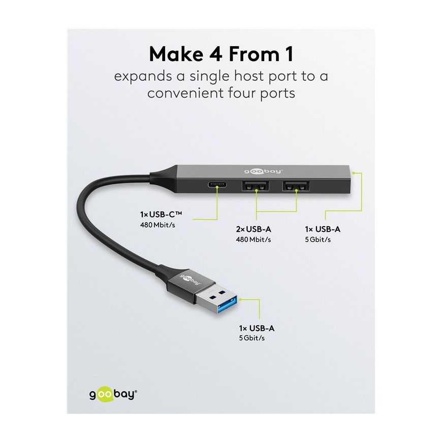 Goobay 74458 keskitin USB 3.2 Gen 1 (3.1 Gen 1) Type-A 5000 Mbit/s Vaaleanharmaa – 3